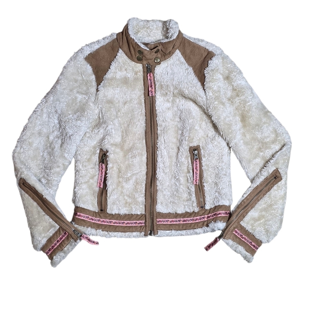 Free People Cream and Tan Casual Zip Jacket
